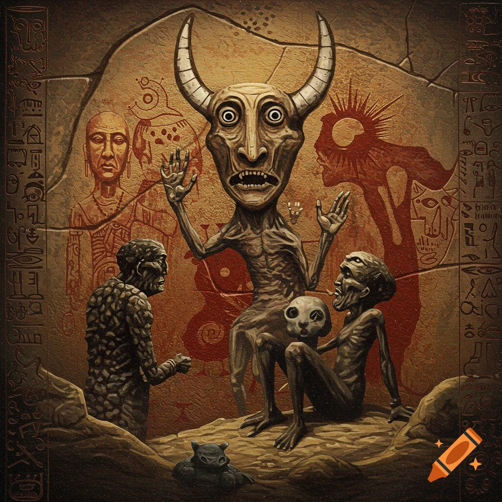 Grotesque horned creature and smaller figures against a stone wall with hieroglyphs in dark fantasy art.