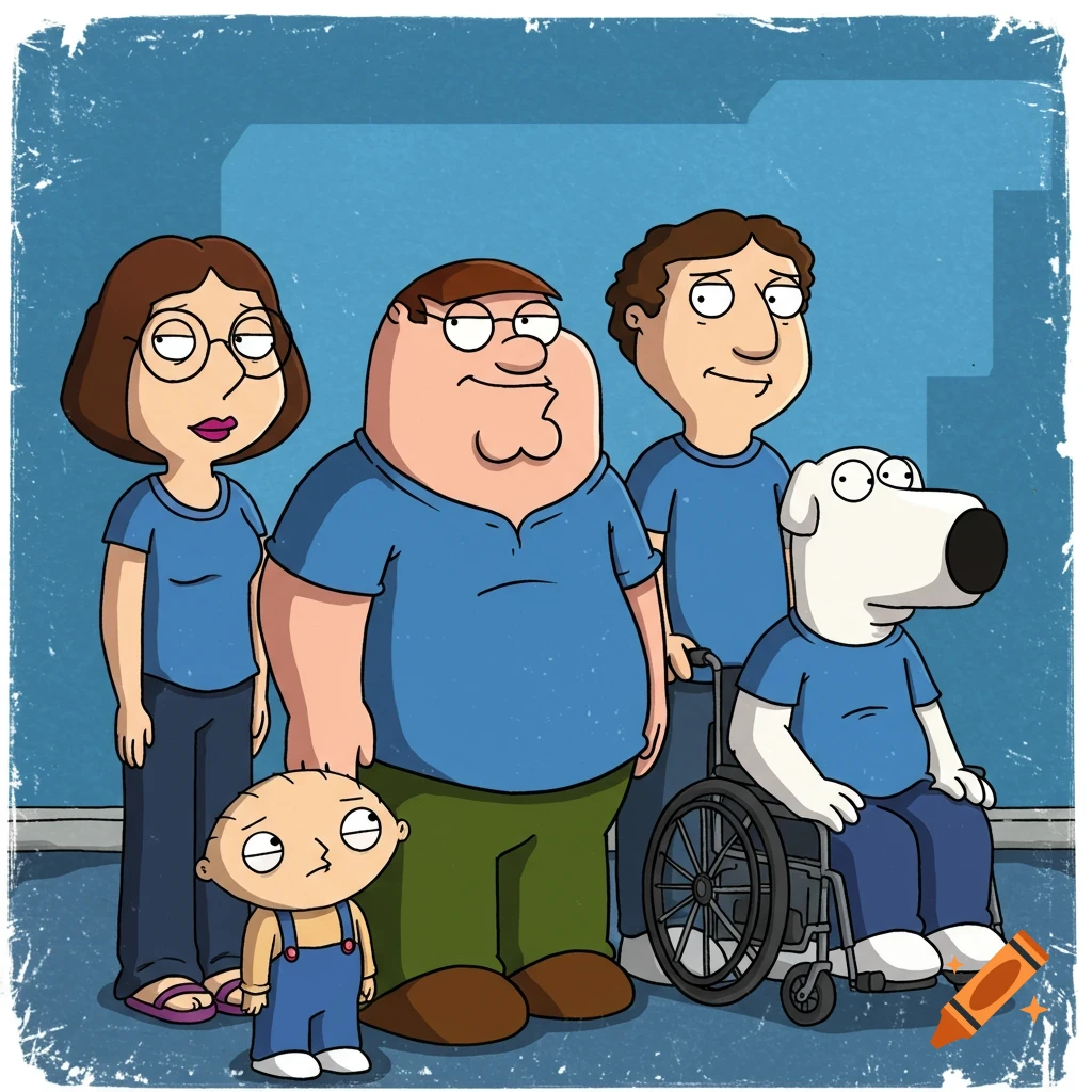 Family Guy characters posed like the Weezer Blue Album cover.