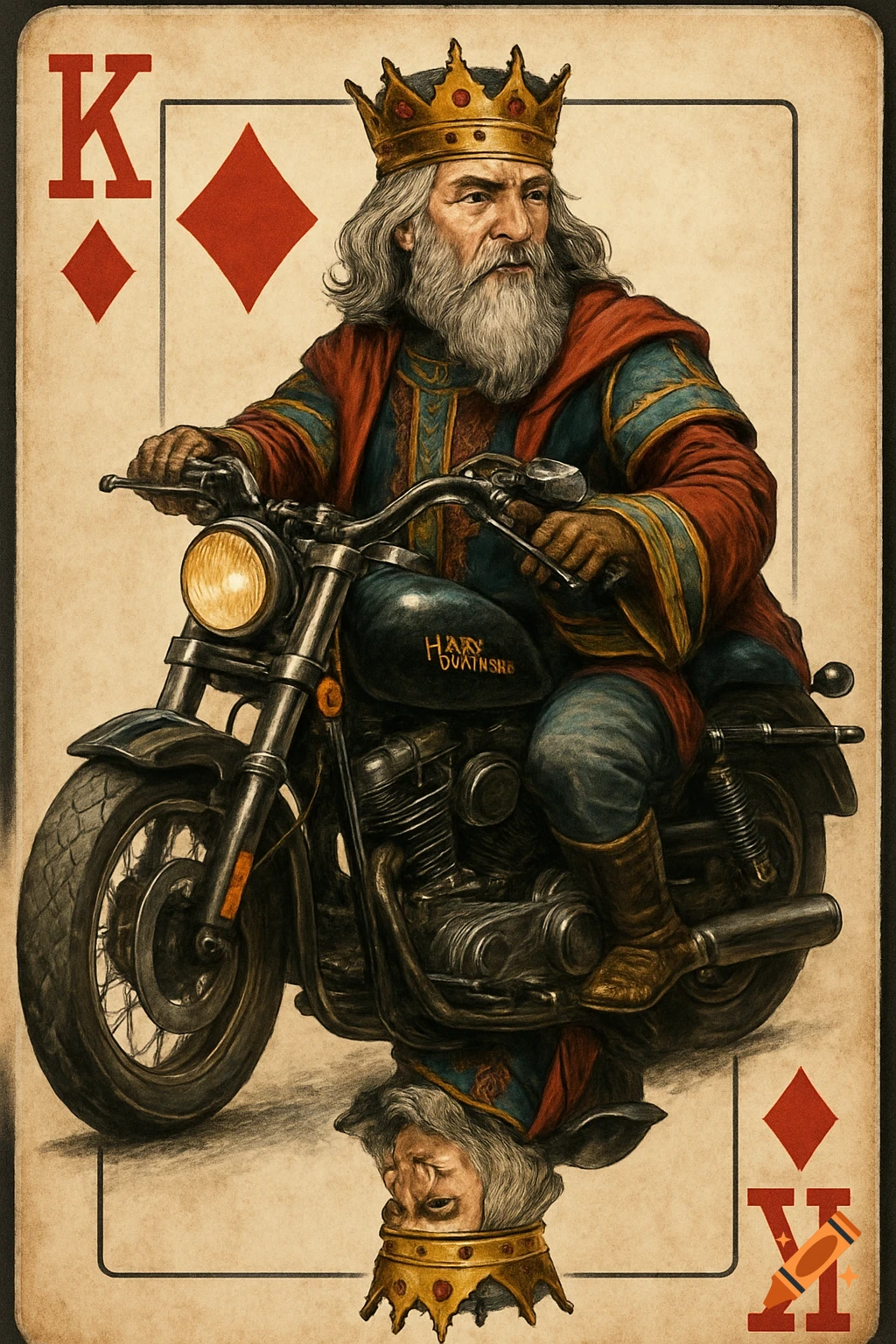 King of diamonds playing card showing a king riding a motorcycle.