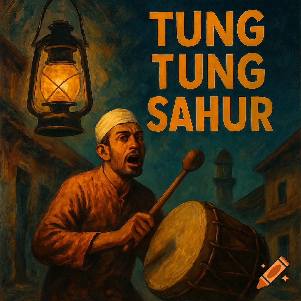 A man beats a drum under a lantern with text "TUNG TUNG SAHUR" in a painted style.