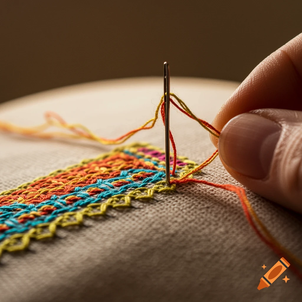 Close-up of hands threading a needle through colorful embroidery on fabric.