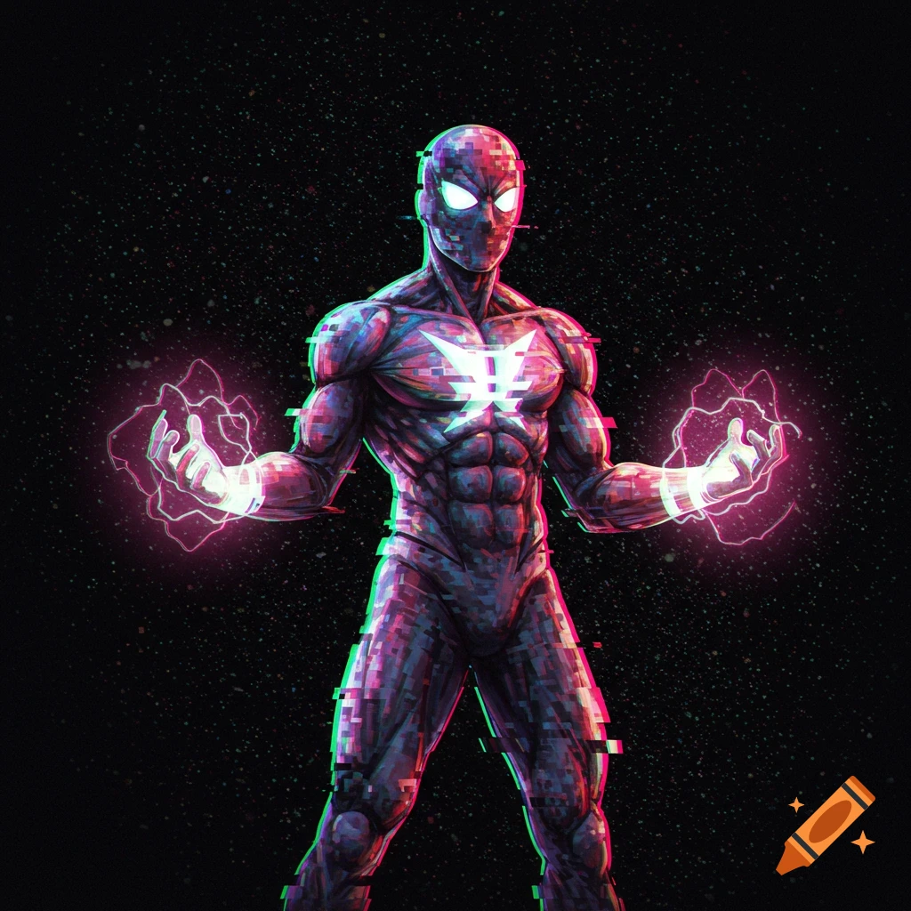 A superhero figure with pixelated glitch effect holds glowing energy in hands against a dark background.