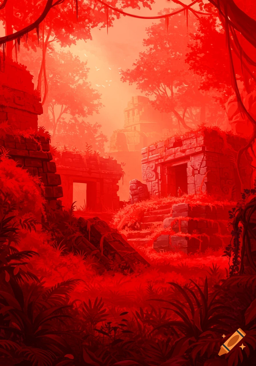 A vibrant red-toned illustration of ancient ruins within a dense jungle landscape.