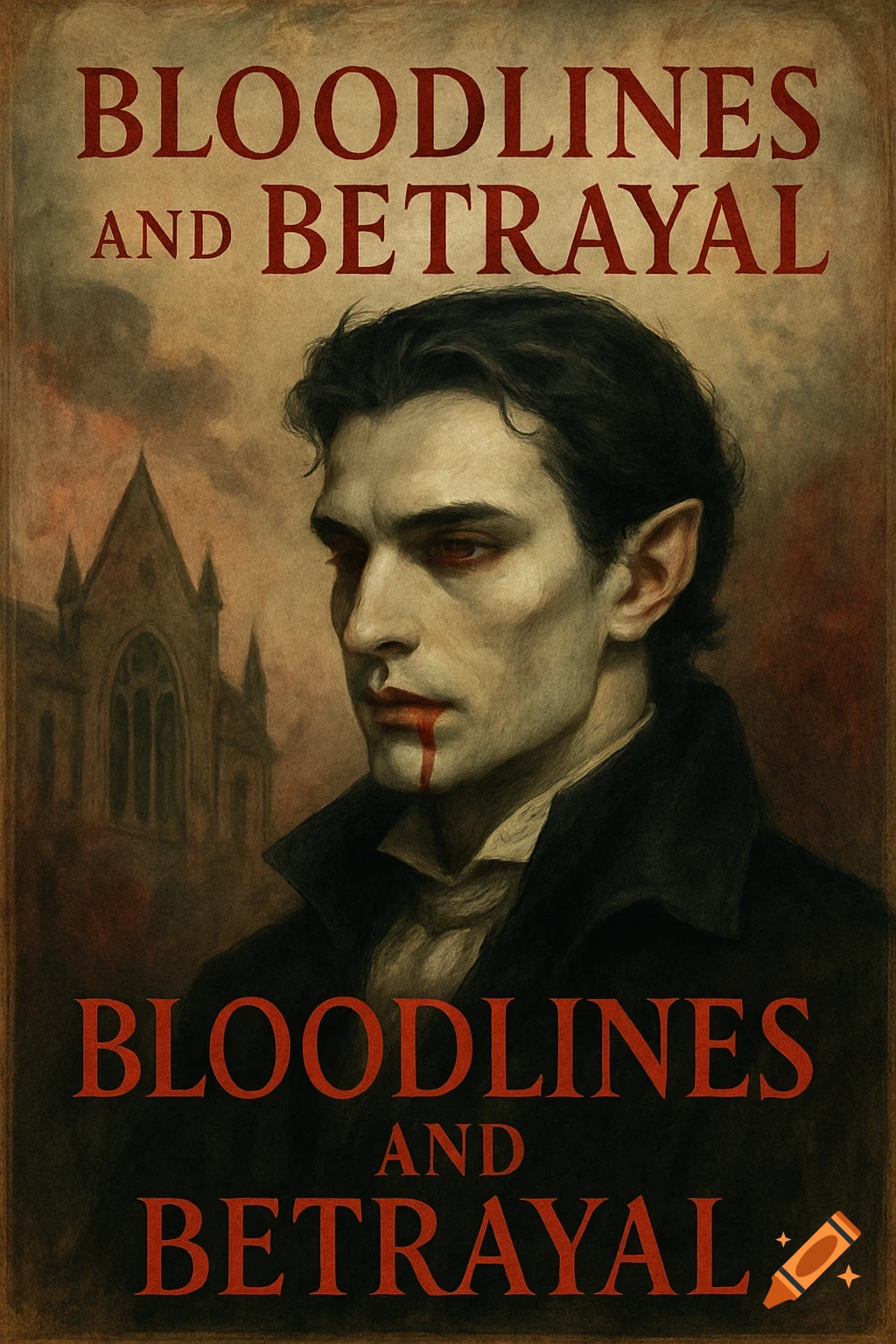 Painting of a vampire with blood on his lip in front of a building, title Bloodlines and Betrayal