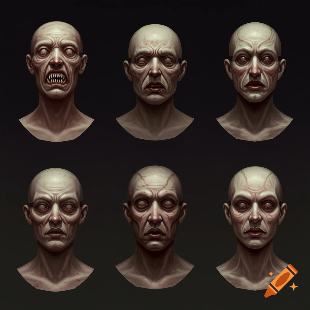 Six creepy, pale, bald faces in different expressions, illustration style.
