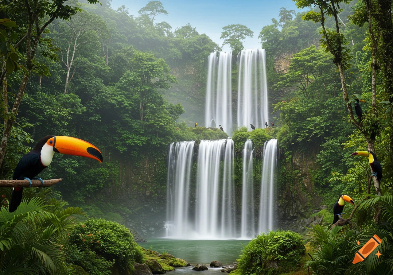 Photorealistic image of a tropical jungle waterfall with several toucans perched on branches.