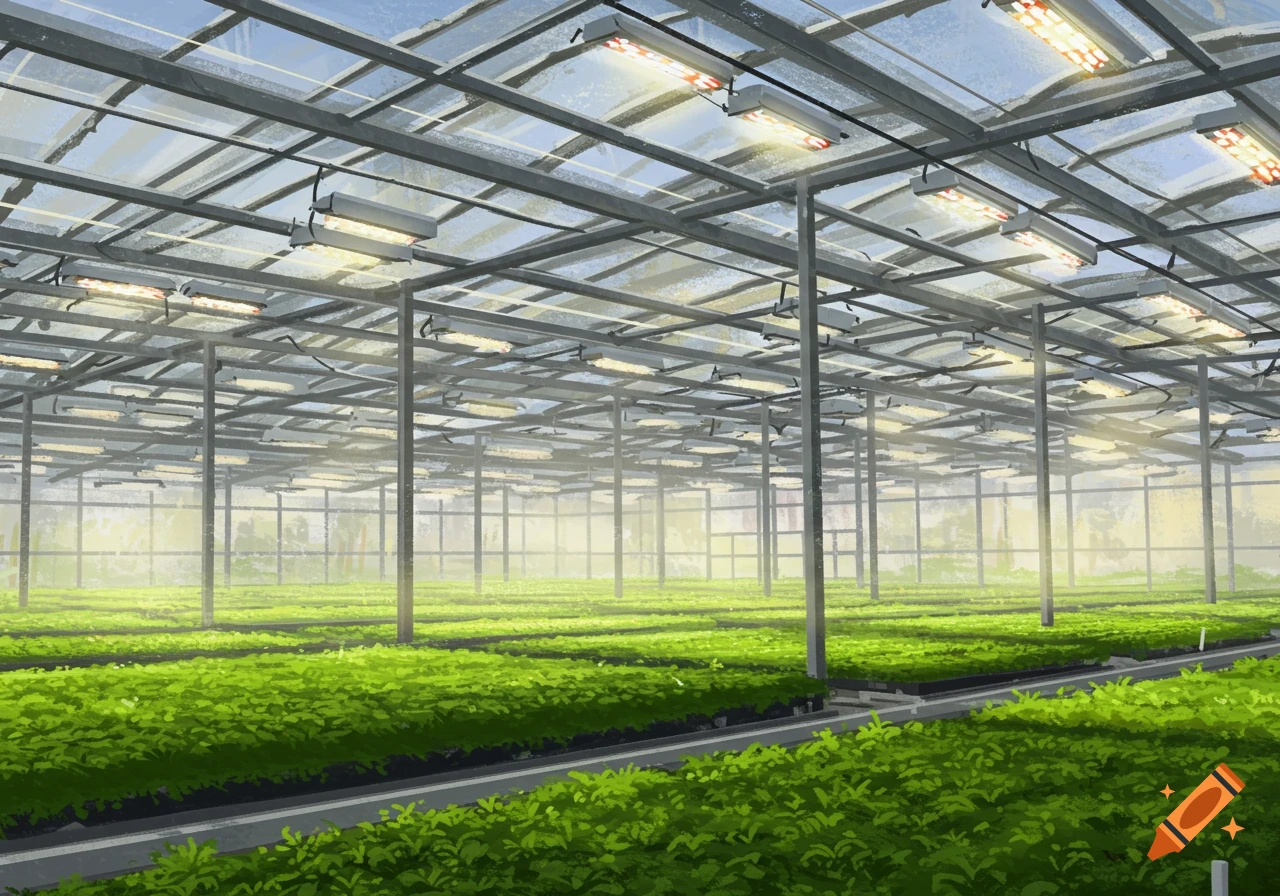 Illustrative view inside a large commercial greenhouse with rows of green plants under grow lights