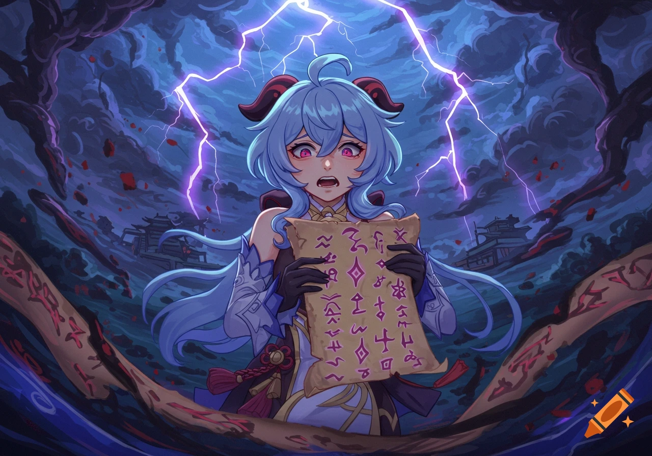 Anime illustration of Ganyu from Genshin Impact, distressed, holding a scroll with symbols amidst dark clouds and lightning.