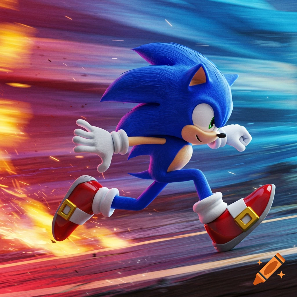 Sonic the Hedgehog running fast with motion blur and sparks.