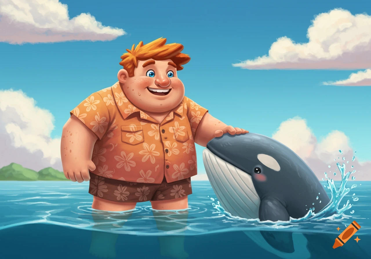 Cartoon man in Hawaiian shirt petting a whale in the ocean.