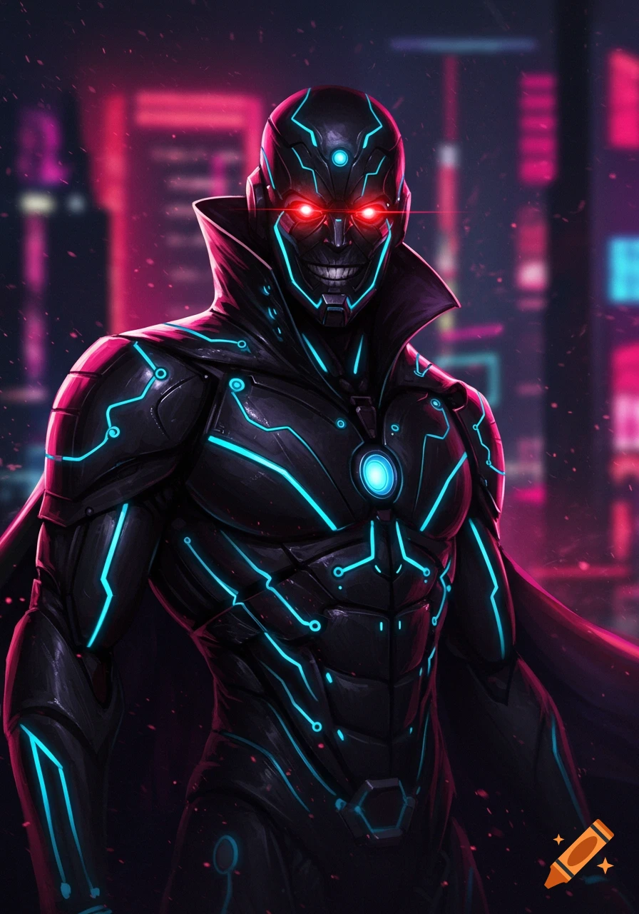 Futuristic robotic supervillain with red eyes and glowing blue lights on black armor, against a neon city background.