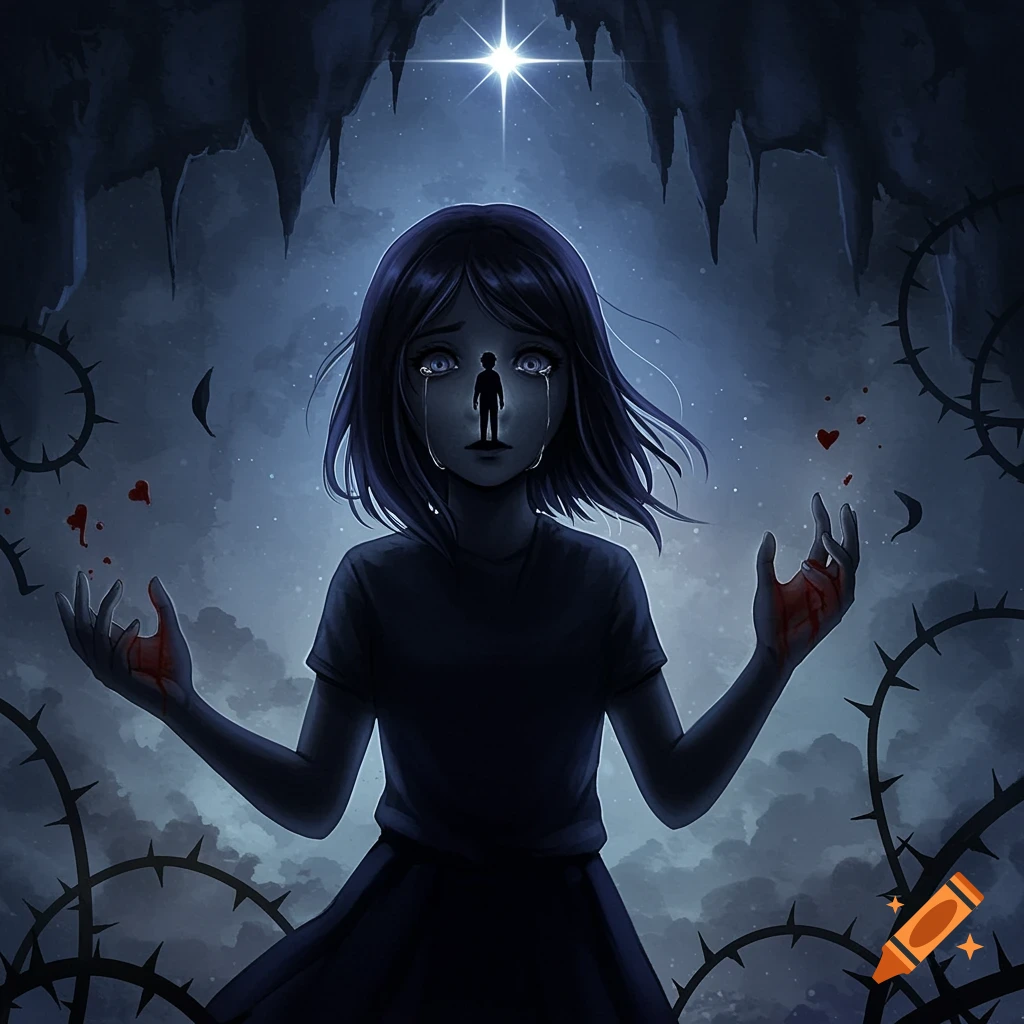 An illustration of a girl under a bright star, tears reflecting a small figure of a boy. Thorny vines surround her, and blood drips from her hands.