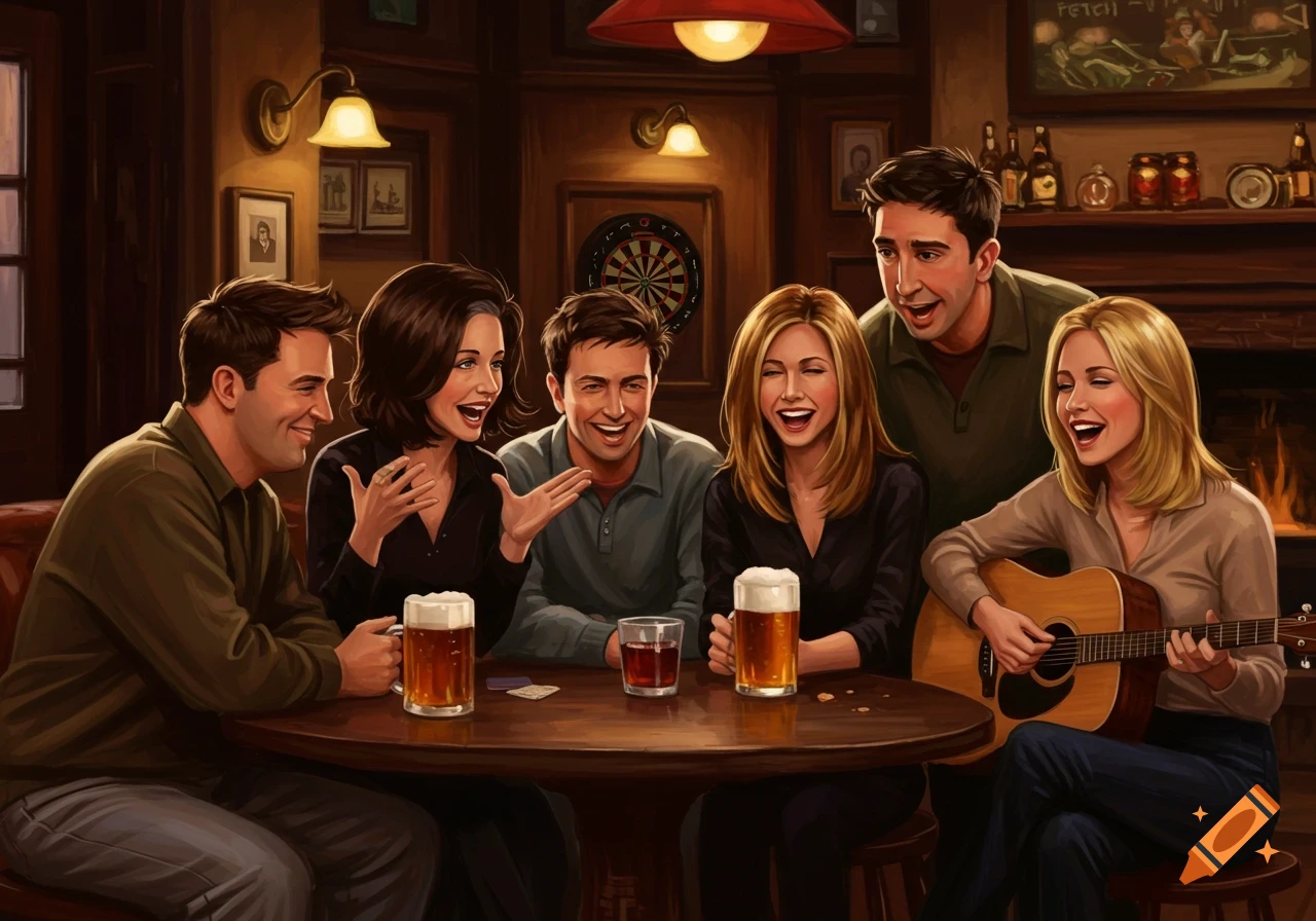 An illustration of six friends laughing around a table in a pub, one playing a guitar.