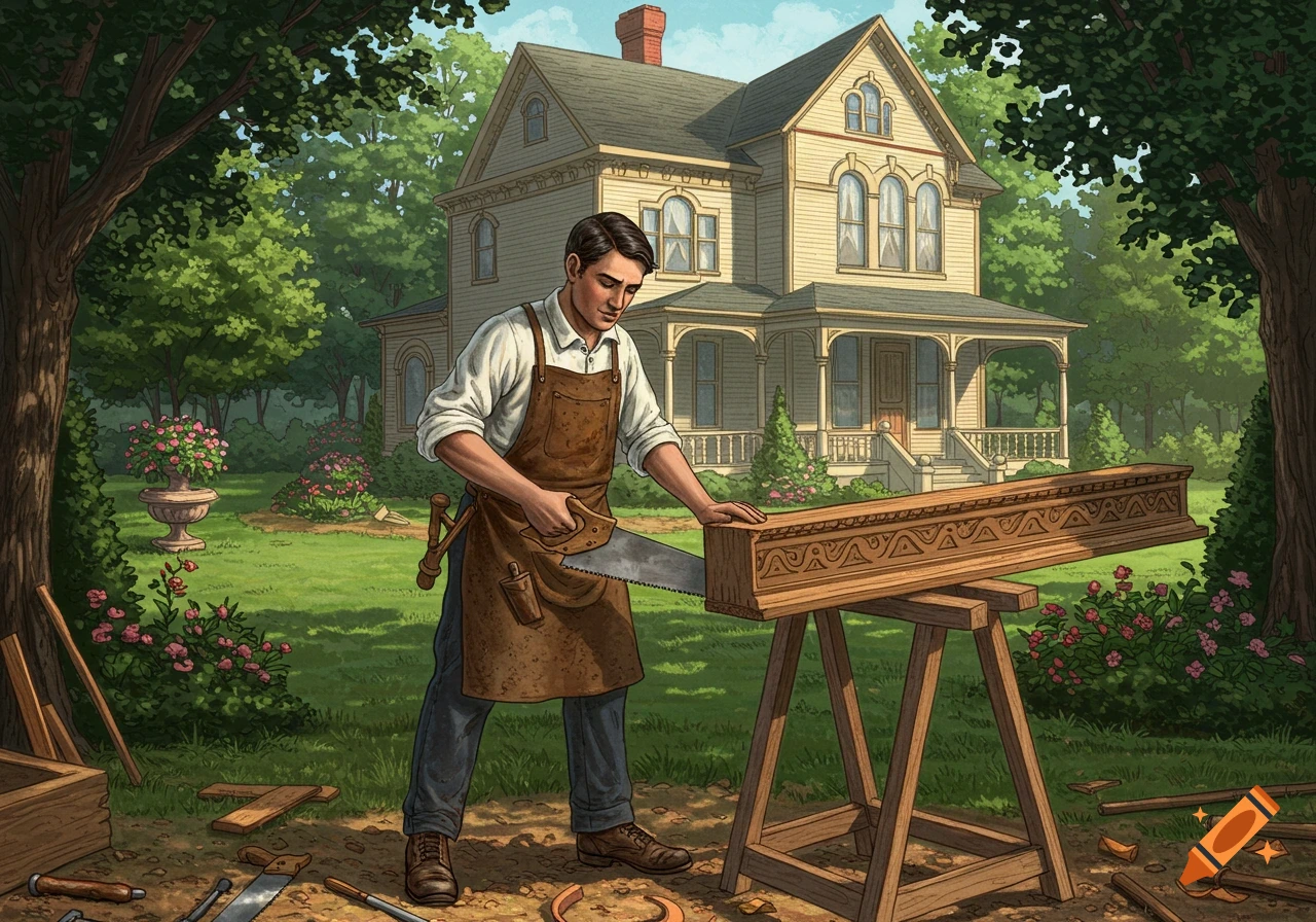 A man saws wood in front of a large Victorian house in a garden.