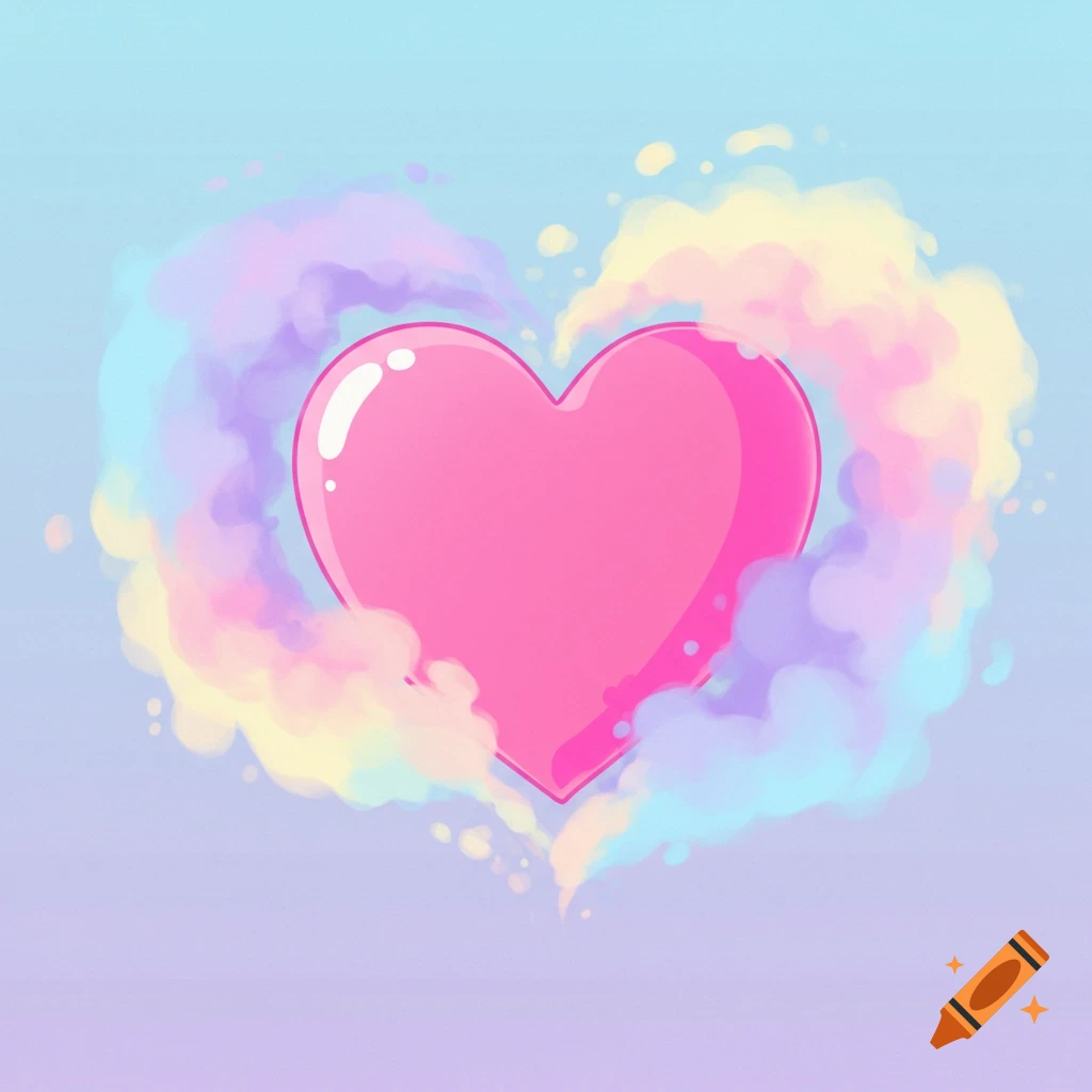 Pink heart surrounded by pastel rainbow clouds.