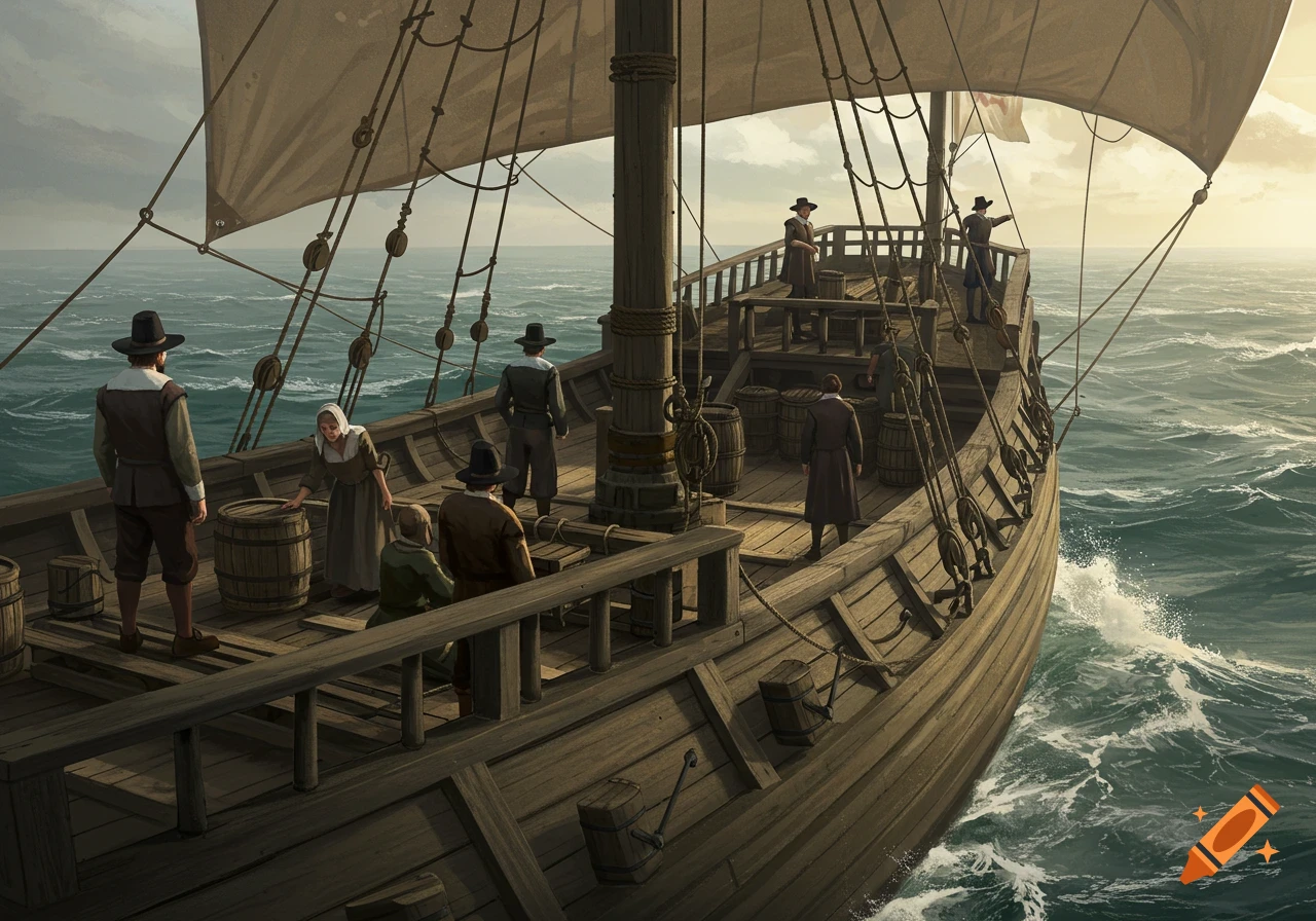 Digital painting of pilgrims on a wooden sailing ship at sea under a cloudy sky.