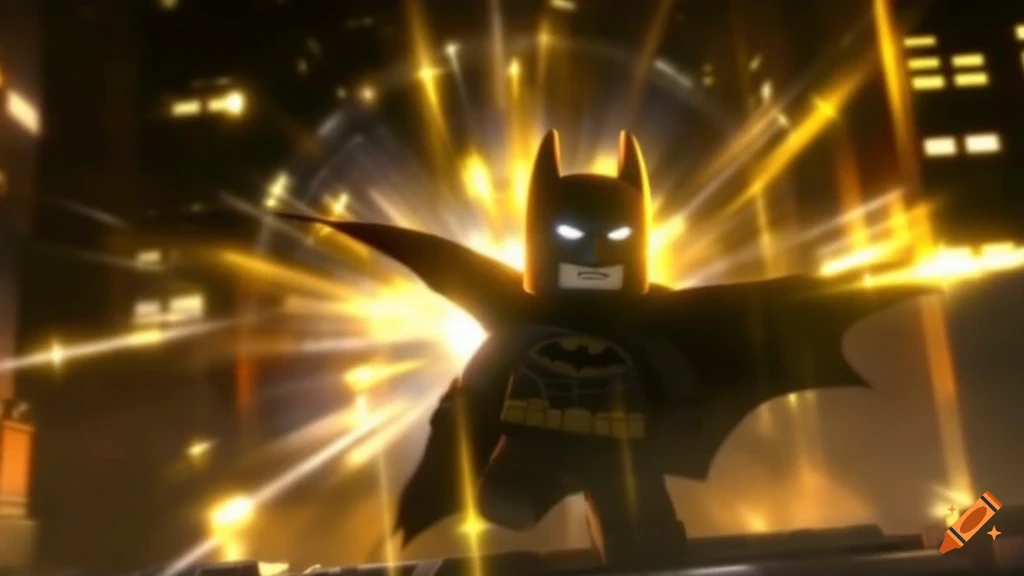 Lego Batman in heroic pose with golden light bursts in a city at night