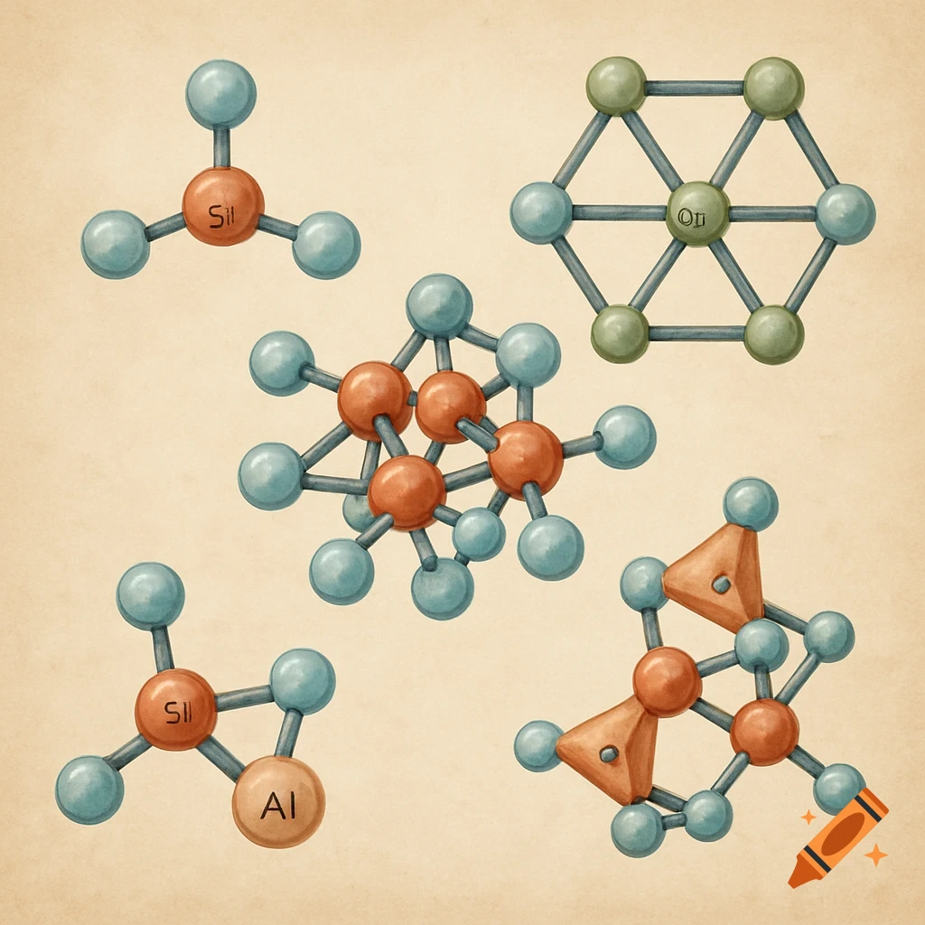 Various molecular models of silicon, aluminum, and oxygen atoms in different formations, rendered in a watercolor style on a textured background.
