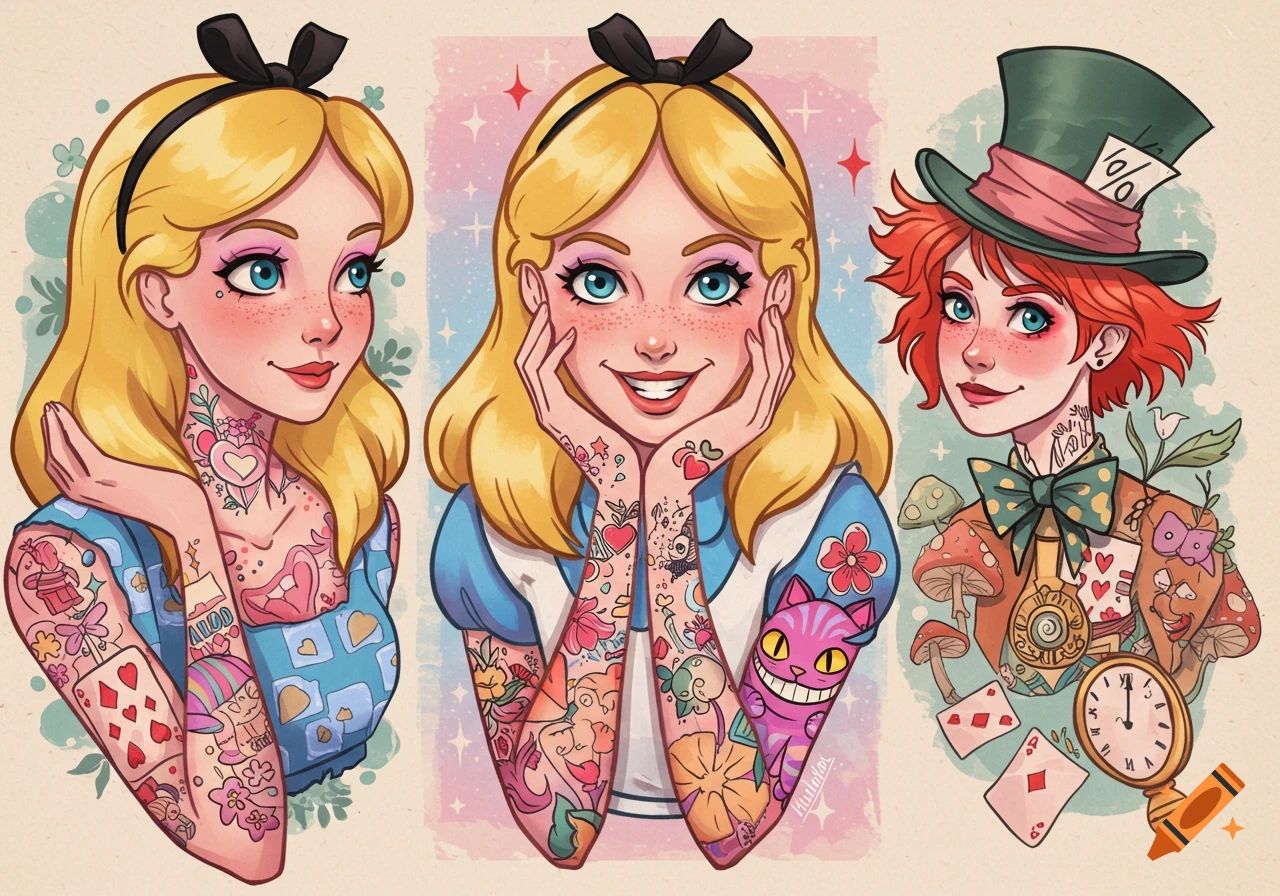 Stylized illustration of Alice and the Mad Hatter with tattoos