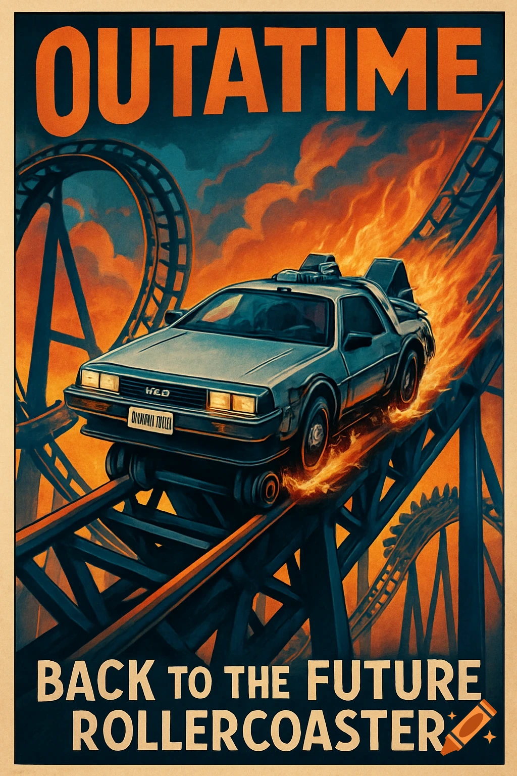 Retro-style poster showing a DeLorean car on a rollercoaster track with fire trails. Text reads "OUTATIME" and "BACK TO THE FUTURE ROLLERCOASTER".