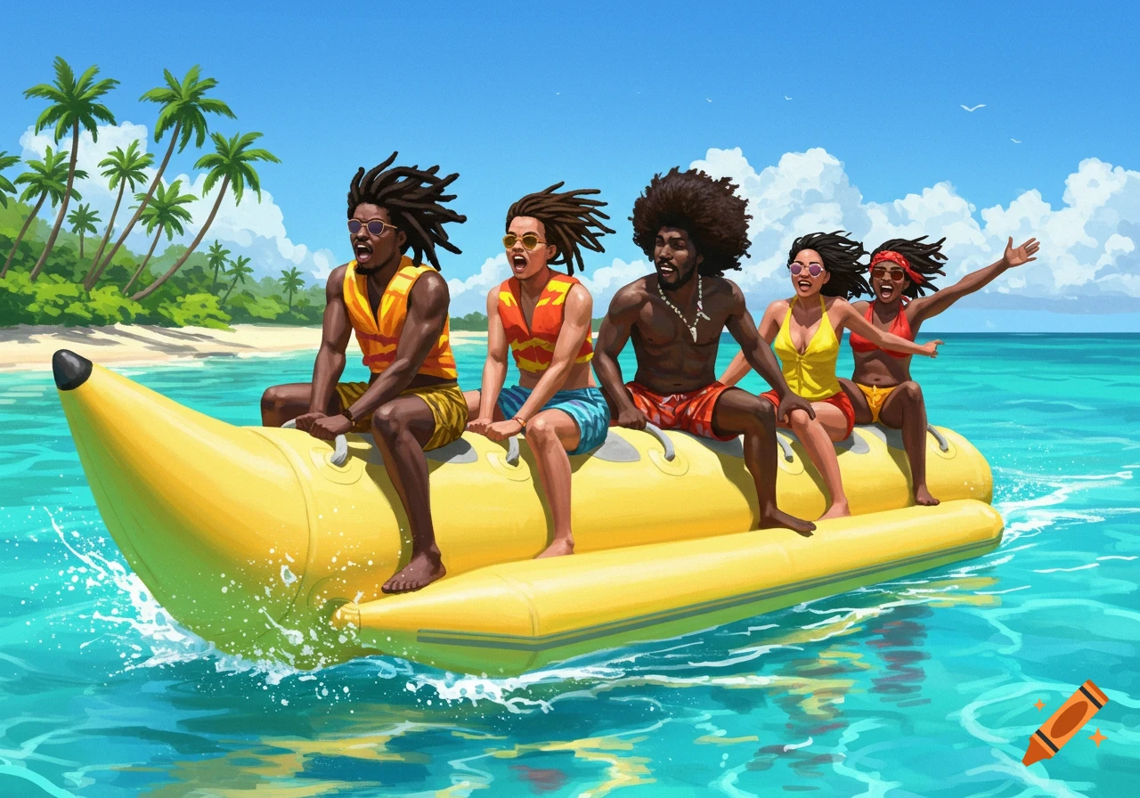 Group of people riding a banana boat in the ocean near a tropical beach.