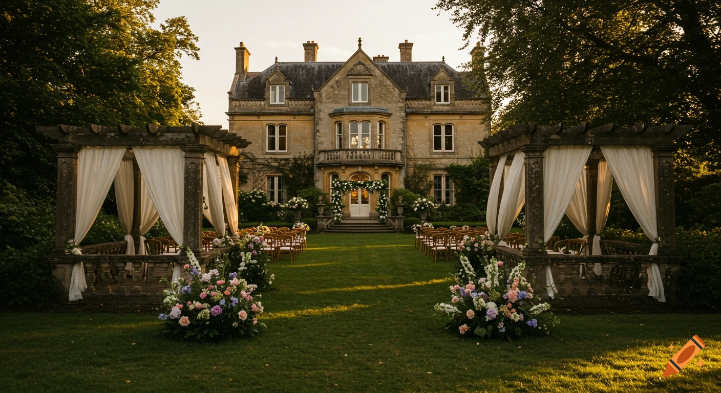 A grand manor house surrounded by lush greenery, with rows of chairs set up for a wedding ceremony on the lawn at golden hour. Stone pergolas with white drapery frame the scene.