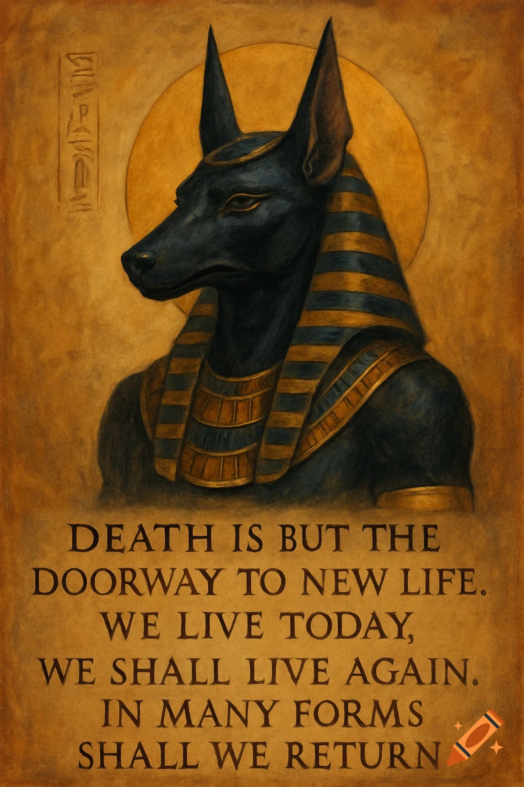 Anubis, Egyptian god with jackal head, against gold background with text and hieroglyphs. Textured art.