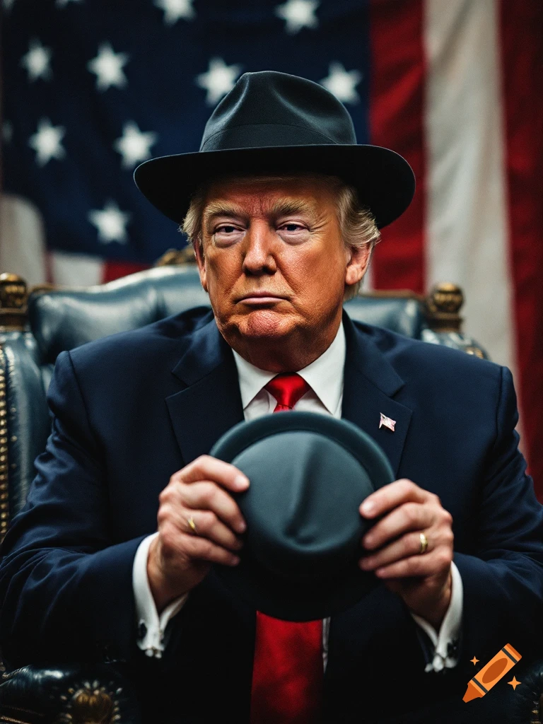 Donald Trump wearing a black hat and suit, holding another hat, in front of an American flag.