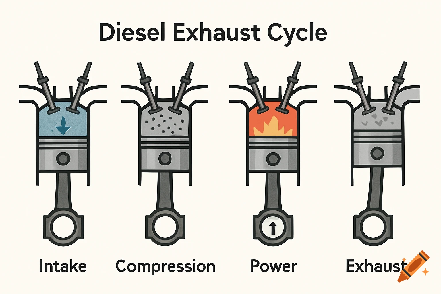 Diagram showing the four stages of a diesel exhaust cycle: Intake, Compression, Power, Exhaust.