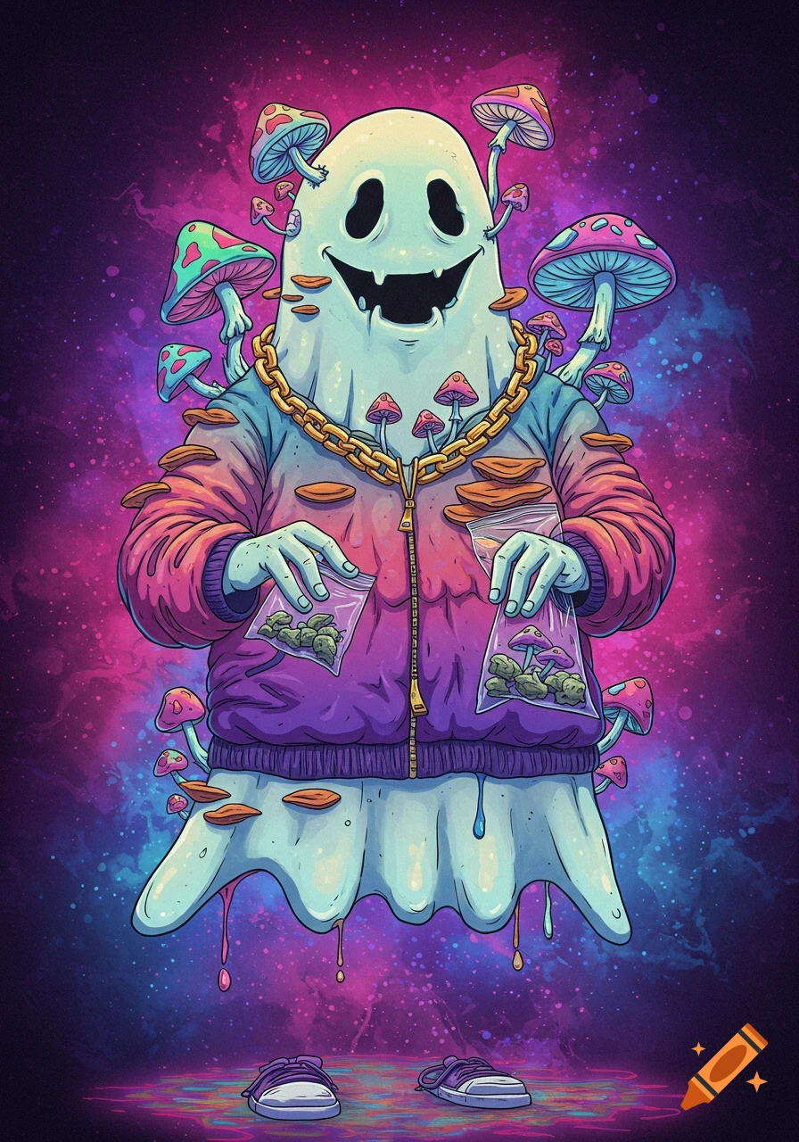 Cartoon ghost with chain and jacket holds bags of mushrooms and plants, surrounded by growing mushrooms on a cosmic background.