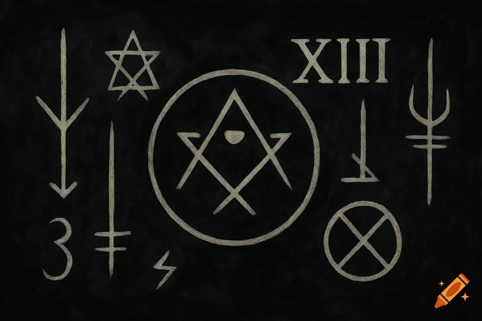 Collection of mystical symbols and Roman numeral XIII drawn in white chalk on a black background.