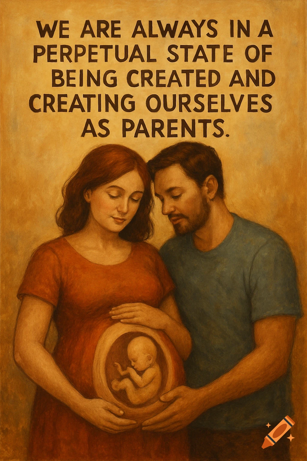 Painterly image of a pregnant woman and man, showing a fetus in the womb, under a quote about being created and creating.