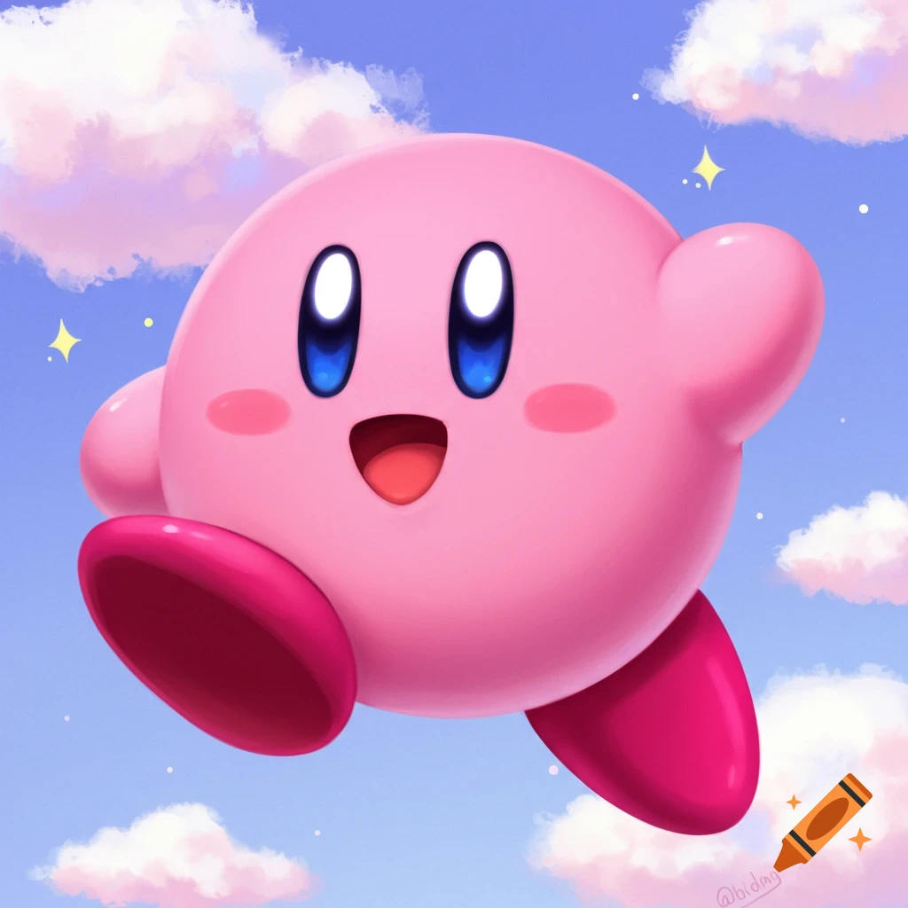 Kirby flying in a blue sky with pink clouds and stars.