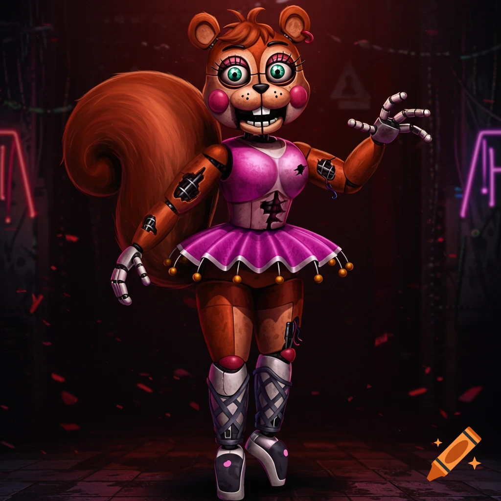 An animatronic squirrel wearing a pink ballerina outfit stands in a dark, stylized room with neon lights.