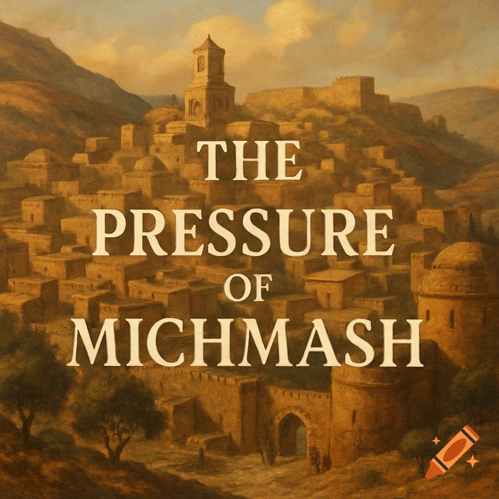 Painterly depiction of an ancient city on a hillside with the text 'The Pressure of Michmash'.