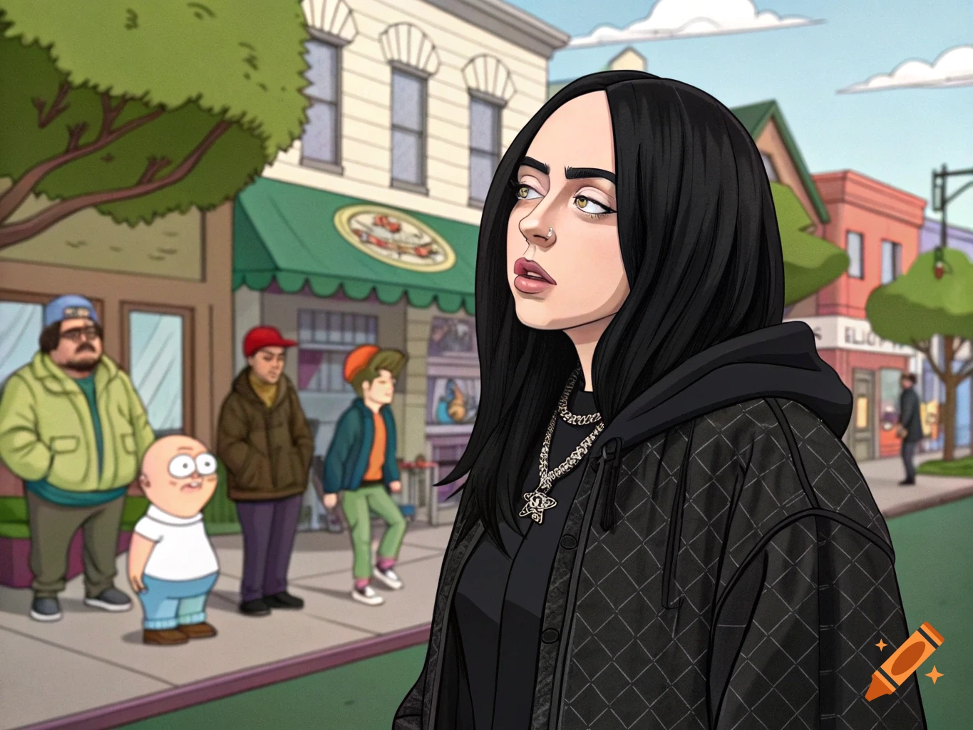 Cartoon style depiction of Billie Eilish standing on a street with figures resembling Family Guy characters in the background.