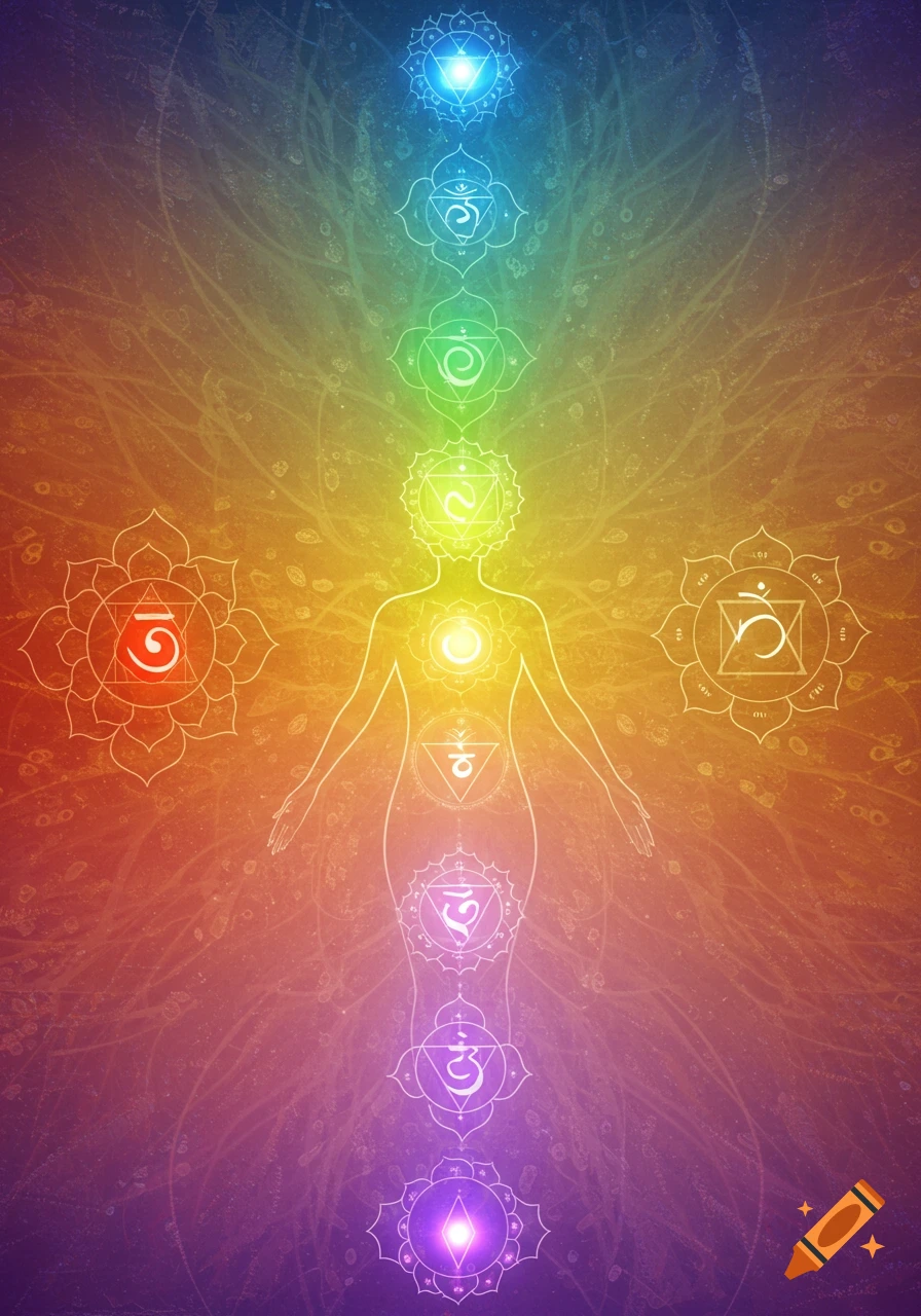 Stylized human figure with seven chakras and symbols on a colorful gradient background.