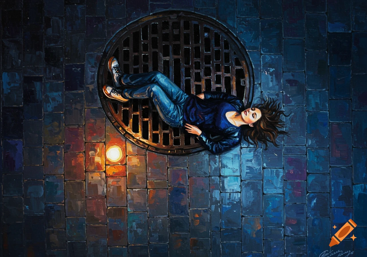 Impressionist painting of a woman lying on a manhole cover on a dark, wet street at night.