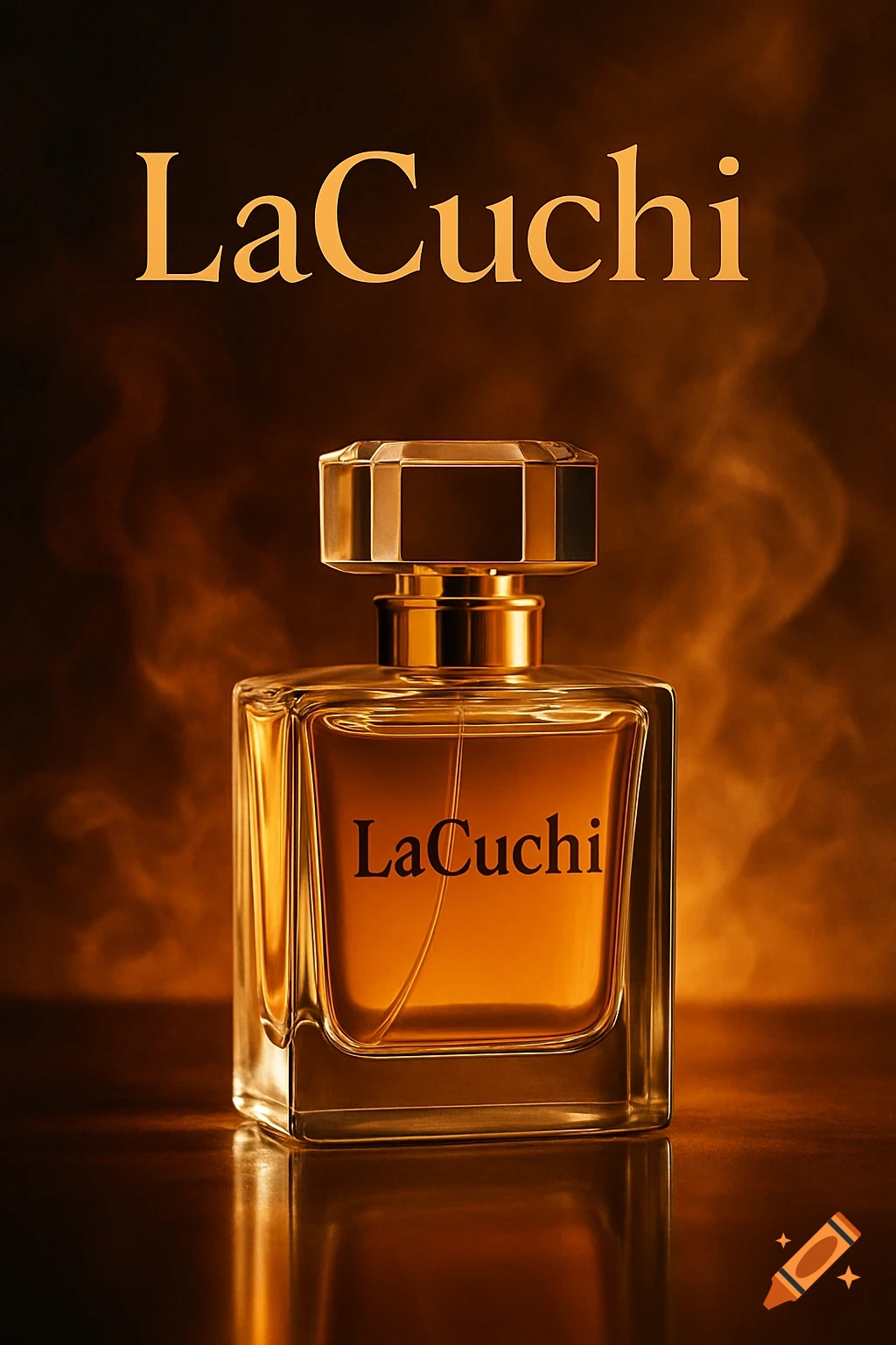 A rectangular glass perfume bottle with gold accents and the brand name 'LaCuchi' on a dark background.