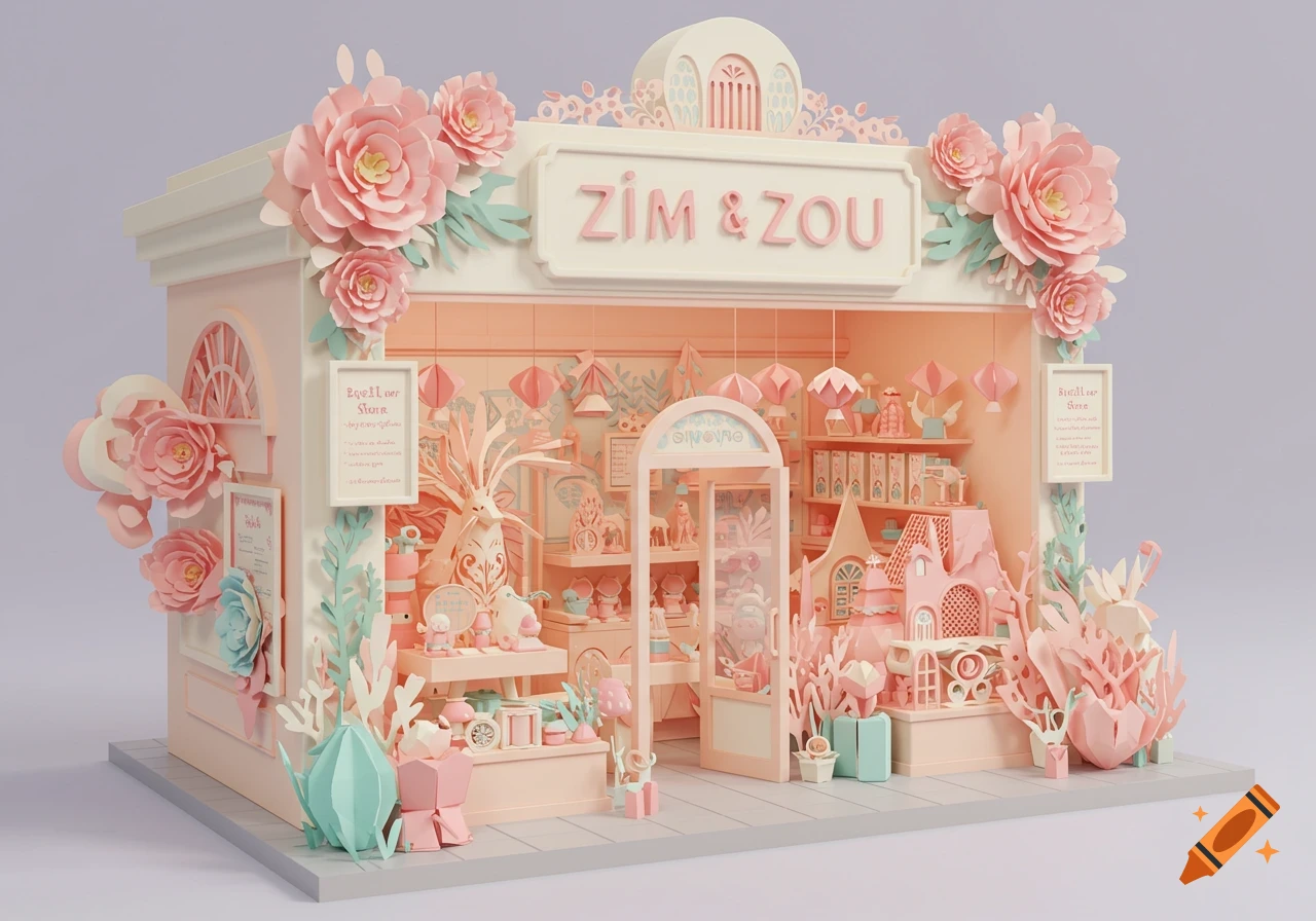 A 3D paper craft model of a pink shop decorated with flowers and plants.
