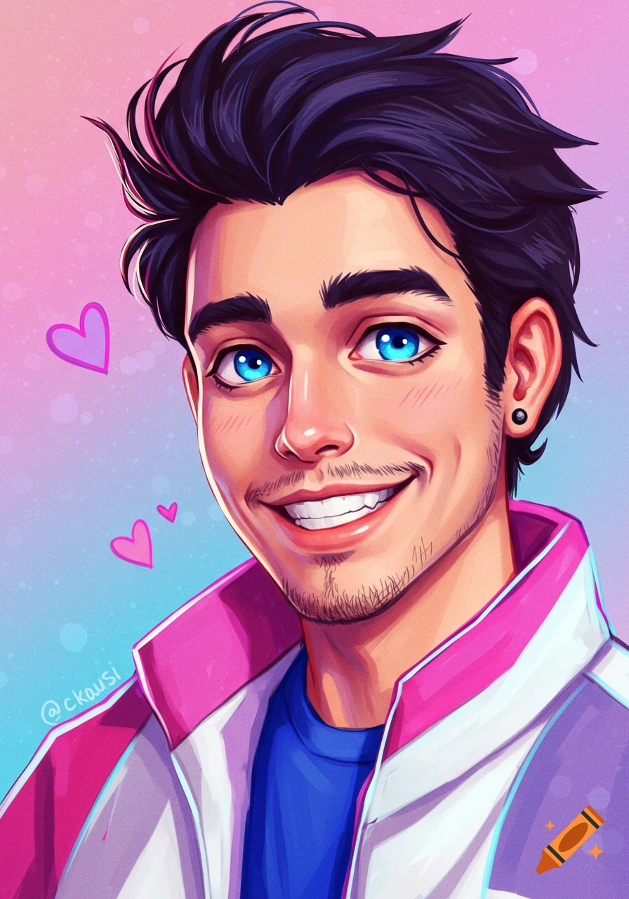 Illustration of a smiling man with blue eyes wearing a jacket.