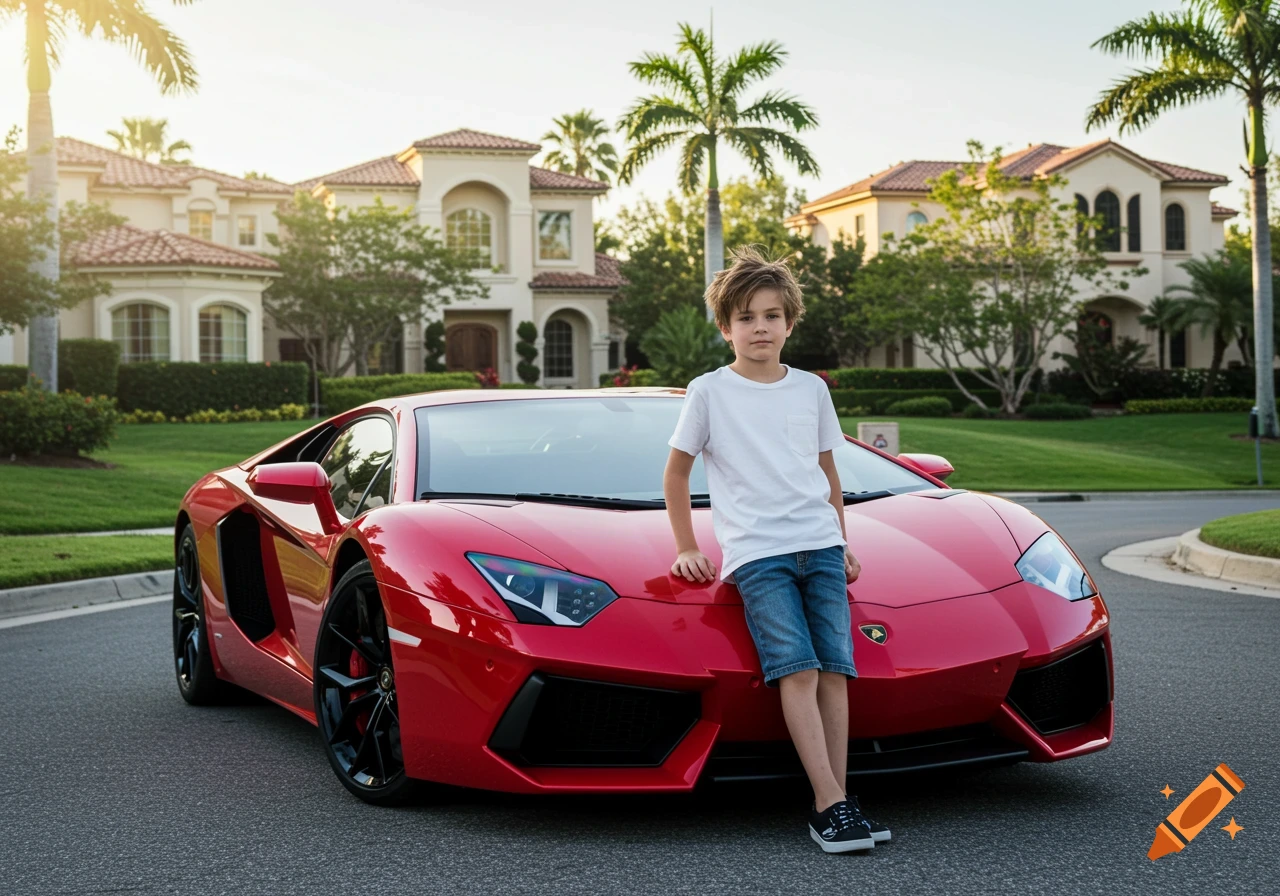 A young boy leans on a red sports car in front of a large house.