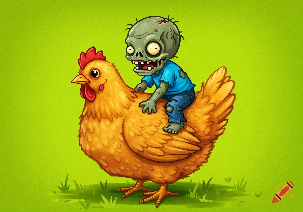 Cartoon illustration of a baby zombie riding a chicken