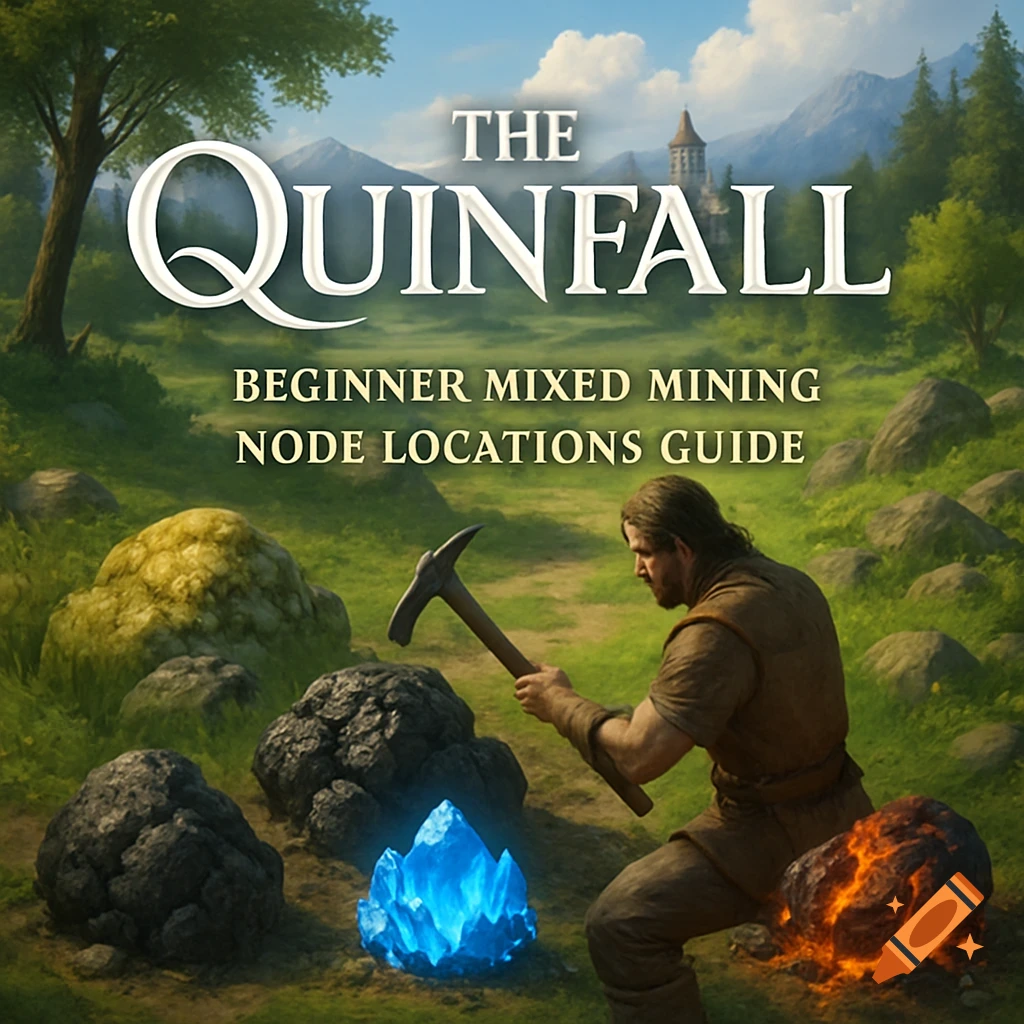 A fantasy image of a man mining blue crystals and red ore in a field, with a game title overlay 'The Quinfall'.