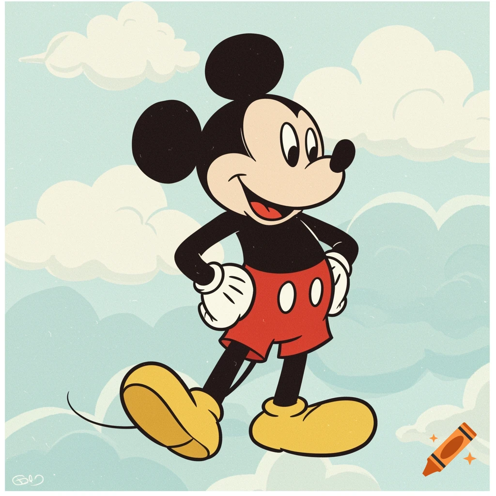 Mickey Mouse stands against a cloudy sky in classic cartoon style.