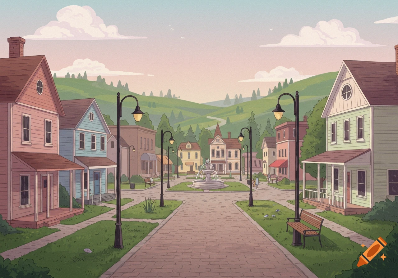 A cartoon illustration of a quiet town square with houses, trees, streetlights, and a fountain.