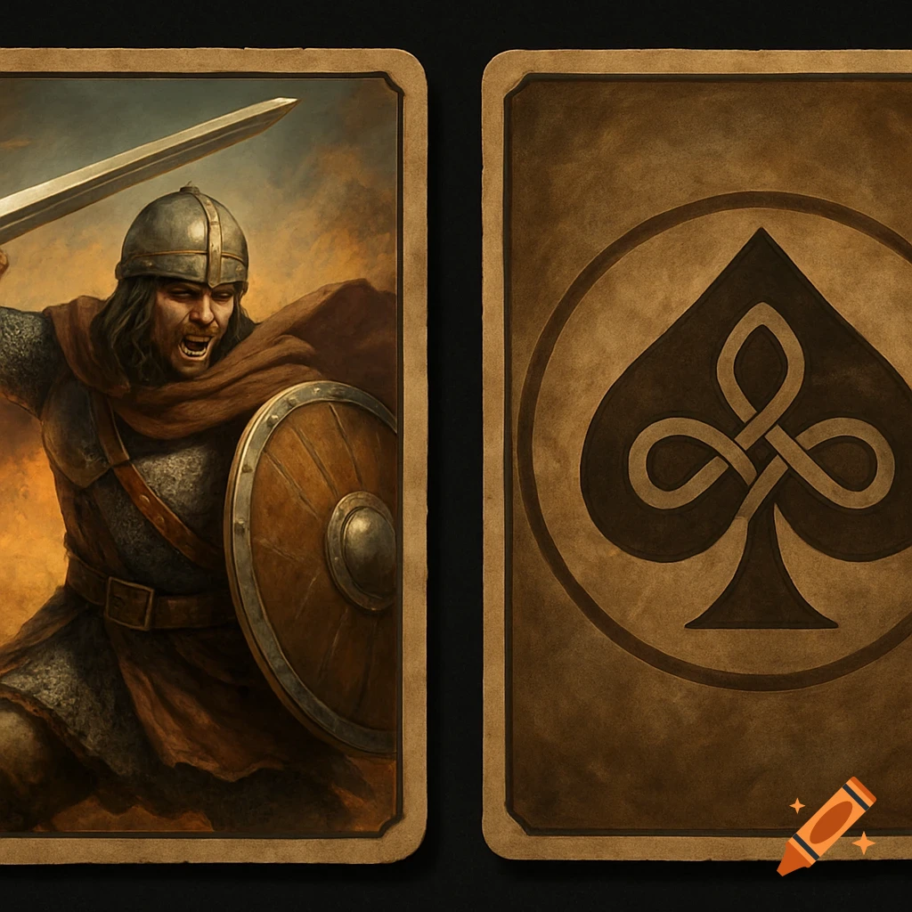Fantasy trading card with a warrior on front and spade symbol on back.