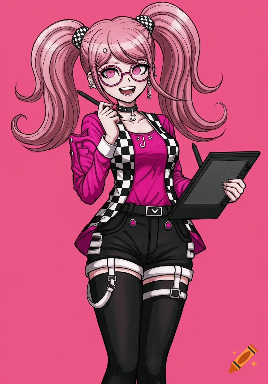 Anime girl with pink hair in pigtails, glasses, holding a drawing tablet and stylus in Danganronpa style.