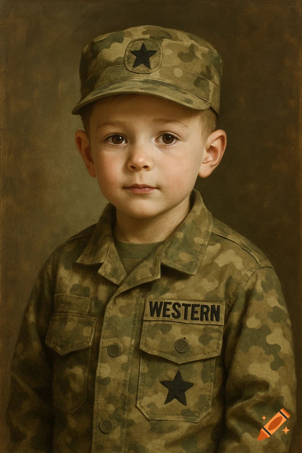 Portrait of a child wearing a camouflage uniform with a nametag that says WESTERN
