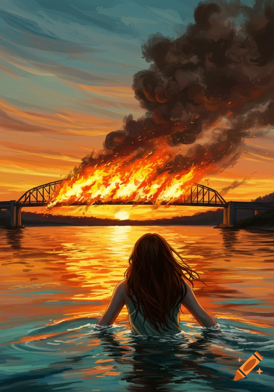 A woman swims away from a burning bridge at sunset in a digital painting style.